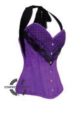Purple Satin Black Net Halter Neck Gothic Burlesque Bustier Waist Training LONG Overbust Corset Costume
